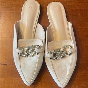 Elegant Cream Mules with Silver Chain Detail